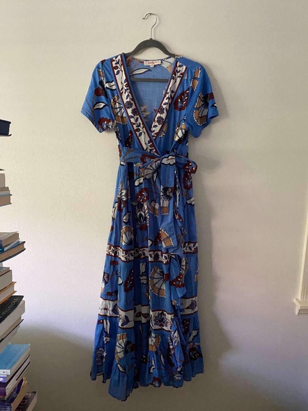 Derhy Blue Floral Texas Wrap Tiered Maxi Dress 100% Cotton Boho Preppy Small